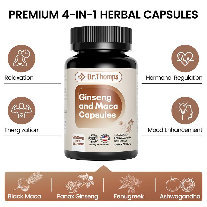 Dr. Thomps 4-in-1 Organic Maca Root Capsules with Ashwagandha, Fenugreek & Ginseng | Energy & Hormone Balance for Men & Women | 120 Vegan Capsules