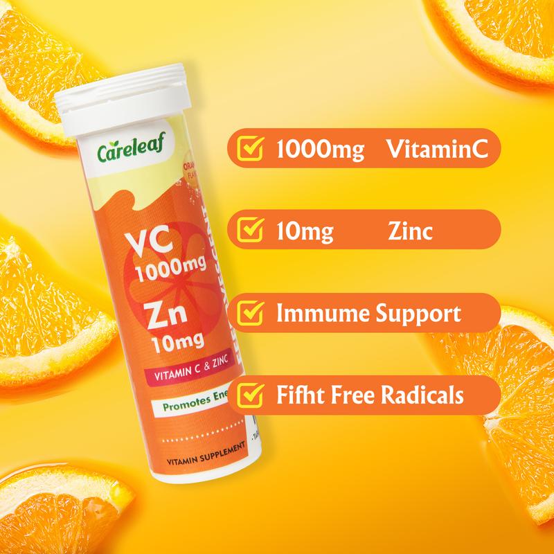 1000mg Vitamin C with 10mg Zinc Effervescent Tablets for Wellness Supplements,Immune Support Supplement with Powerful Vitamin-Orange Flavor-10 Tablets