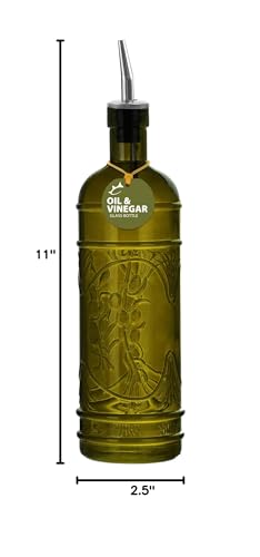 Couronne Company Olive Branch Recycled Glass Oil or Vinegar Bottle with Pour Spout, , 11 Inch Tall, 16.1 Ounce, Vintage Green, 1 Piece, 475ml