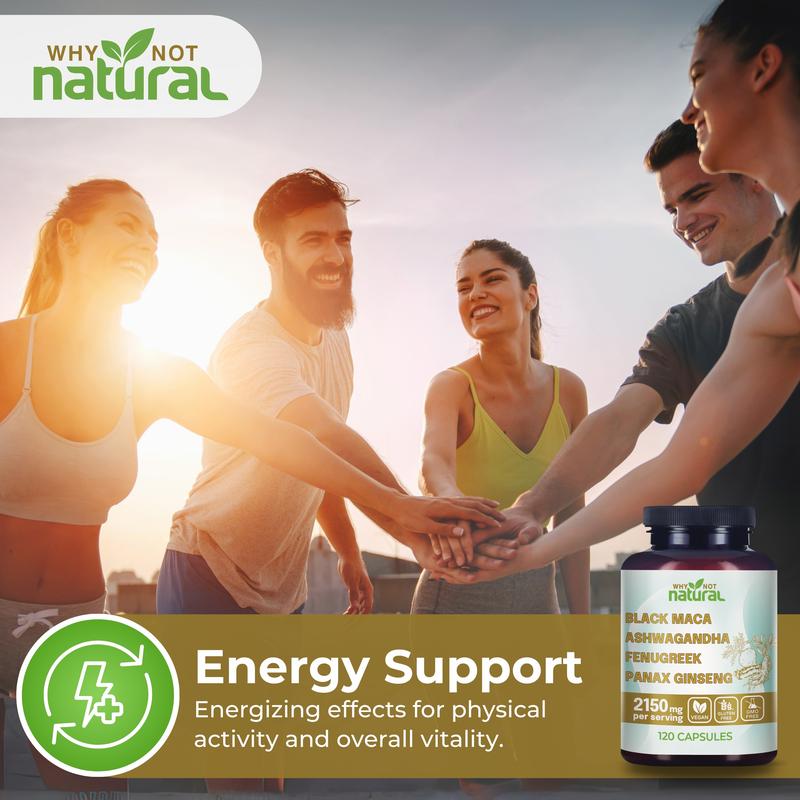 4-in-1 Organic Black Maca Root, Ashwagandha, Fenugreek, Panax Ginseng Supplement for Men and Women in Capsules by Why Not Natural Healthcare Edible