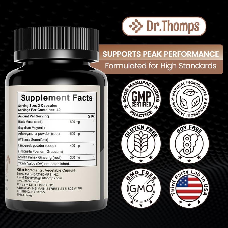 Dr. Thomps 4-in-1 Organic Maca Root Capsules with Ashwagandha, Fenugreek & Ginseng | Energy & Hormone Balance for Men & Women | 120 Vegan Capsules