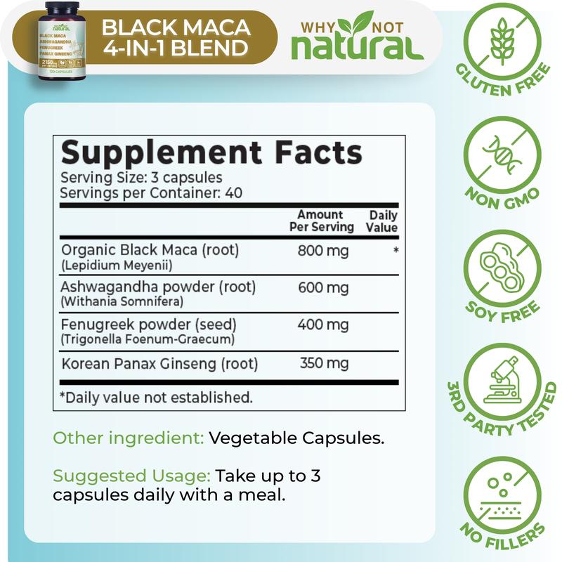 4-in-1 Organic Black Maca Root, Ashwagandha, Fenugreek, Panax Ginseng Supplement for Men and Women in Capsules by Why Not Natural Healthcare Edible