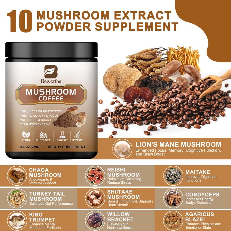 10-in-1 Mushroom Coffee Blend - 8.82oz per Bottle, Add to Coffee,Tea or Any Drinks Beverage mushroom supplement
