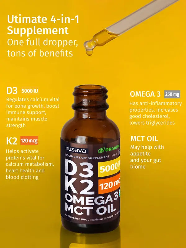 (2-PACK) Organic Vitamin D3K2 Supplement Drops with MCT Oil Omega 3, Liquid Vitamin D3 for Healthcare & Body Defenses - Non-GMO, No Fillers, 2 Fl Oz