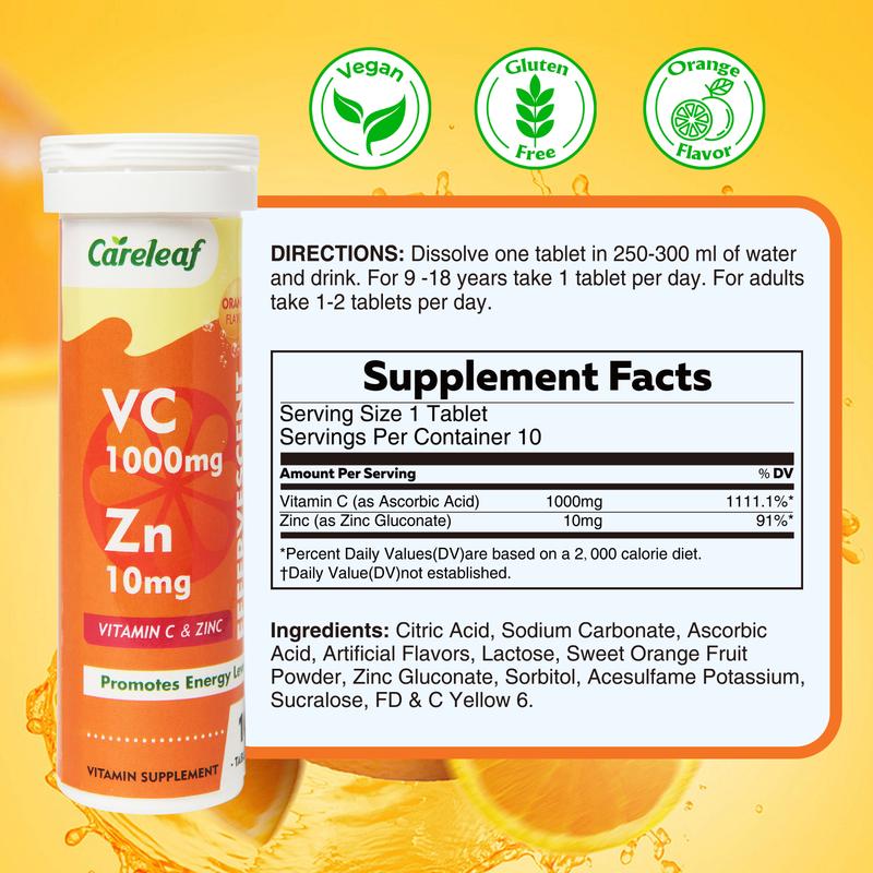 1000mg Vitamin C with 10mg Zinc Effervescent Tablets for Wellness Supplements,Immune Support Supplement with Powerful Vitamin-Orange Flavor-10 Tablets