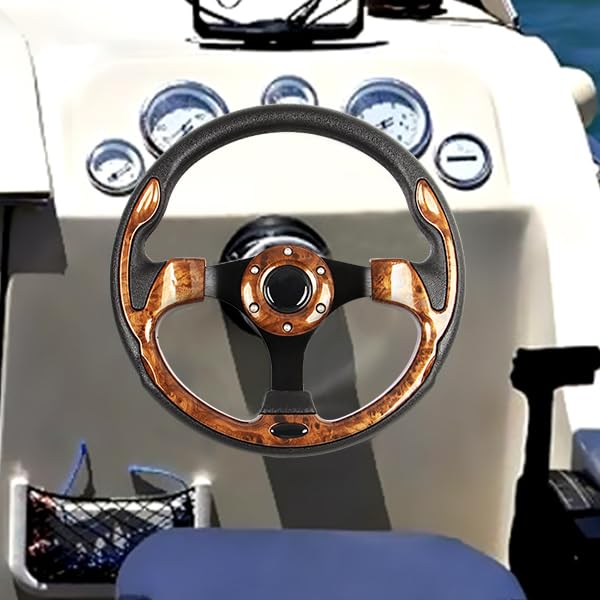 12.5" Wood Grain Marine Boat Steering Wheel Black Spokes with 3/4" Tapered Shaft, Anti-Slip and Rust-proof Steering Wheel for Most Marine boats,Vessels,Yachts,Pontoons Boat