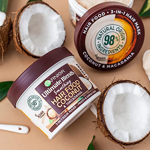 Garnier Hair Food 3-in-1 Hair Treatment Mask, Smooths and Nourishes, For Frizzy & Curly Hair, No Silicones, Vegan Formula, Coconut Oil, Ultimate Blends, 400ml (Packing and Ingredients may vary)