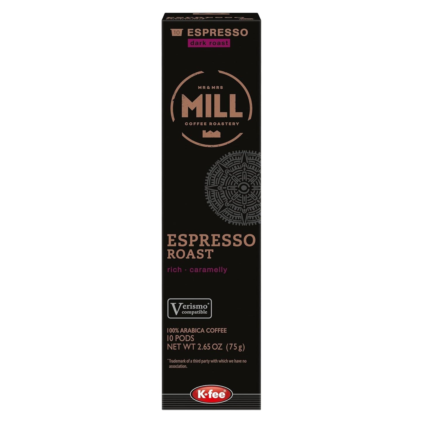 Mr and Mrs Mill Dark Roast Espresso K-fee® & compatible with Starbucks Verismo* | 60 Count (6 boxes X 10 Pods) | Dark Roast Single Serve Espresso Pods (60)