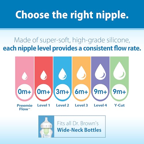 Dr. Brown's Natural Flow Level 4 Wide-Neck Baby Bottle Silicone Nipple, Fast Flow, 9m+, 100% Silicone Bottle Nipple, 6 Pack
