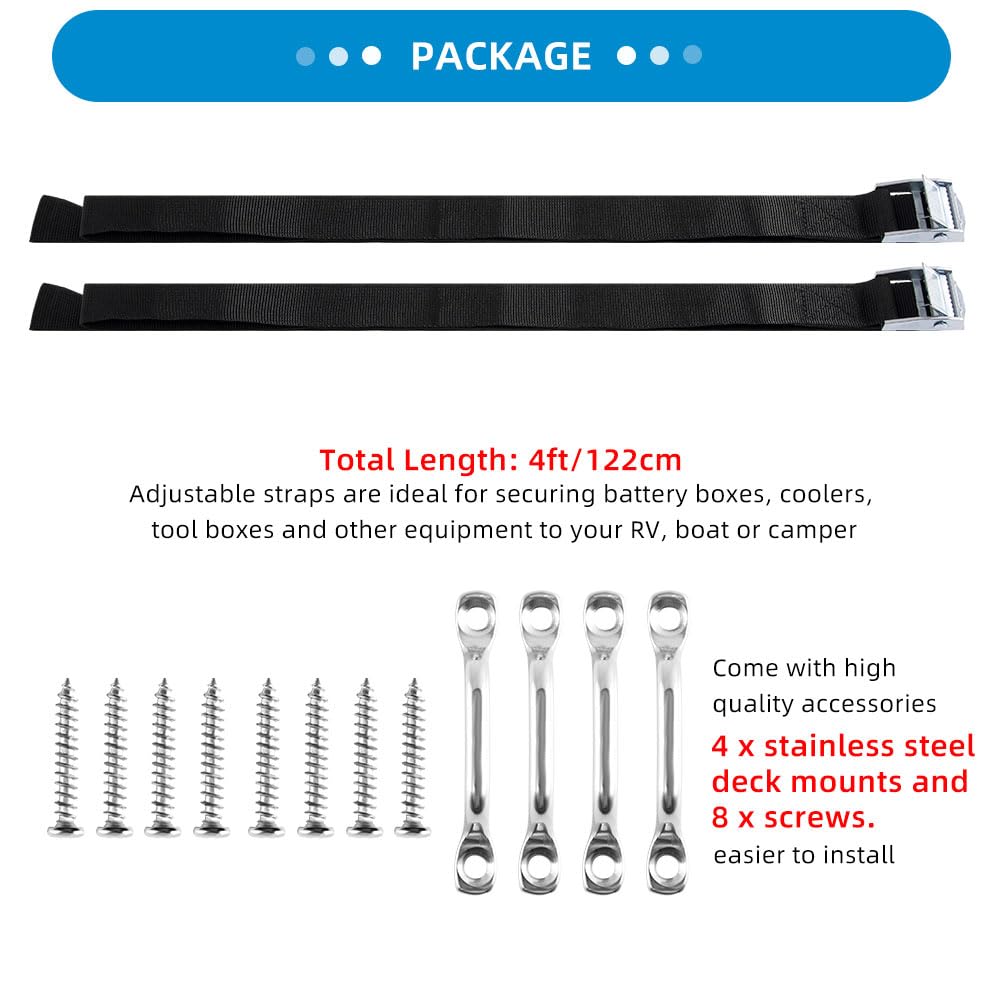 1" x 4ft Battery Tie Down Straps for Boats,Battery Hold Down with Cam Buckle,Stainless Steel Bracket and SS Screws Used for Cooler,Battery Box,Fuel Tank,Luggage Belt,RV