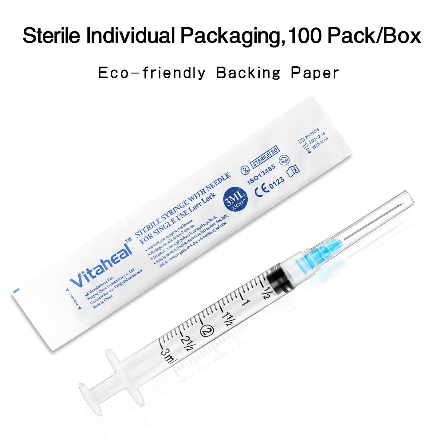 100 Pack 3ml Syringes with Needle, 23 Ga 1.0 inch Needle Luer Lock Syringe, Individually Packaged