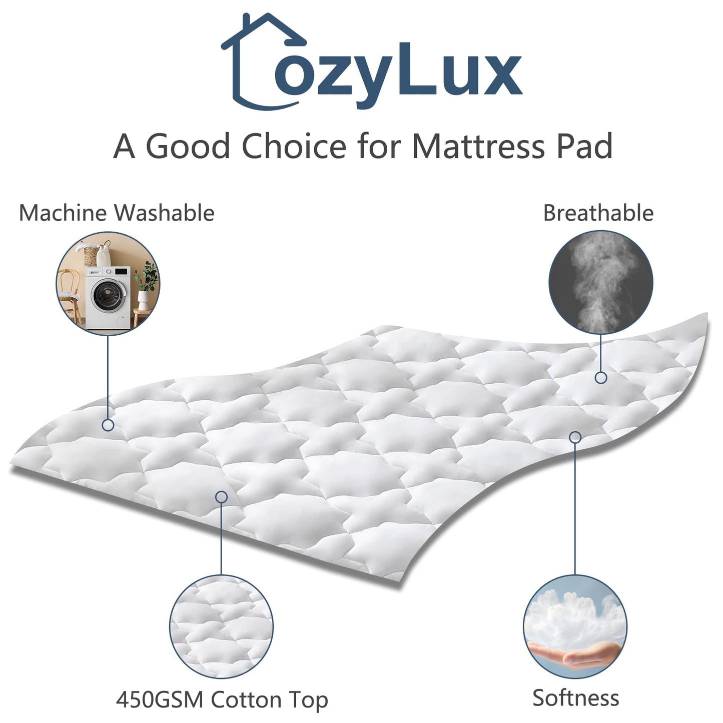 CozyLux Short Queen Mattress Pad for RV Camper Cotton Cooling Deep Pocket up to 21" Mattress Cover Non Slip Breathable and Soft Fitted Mattress Topper Thick Pillowtop Pad 450GSM (60x75) Inches White