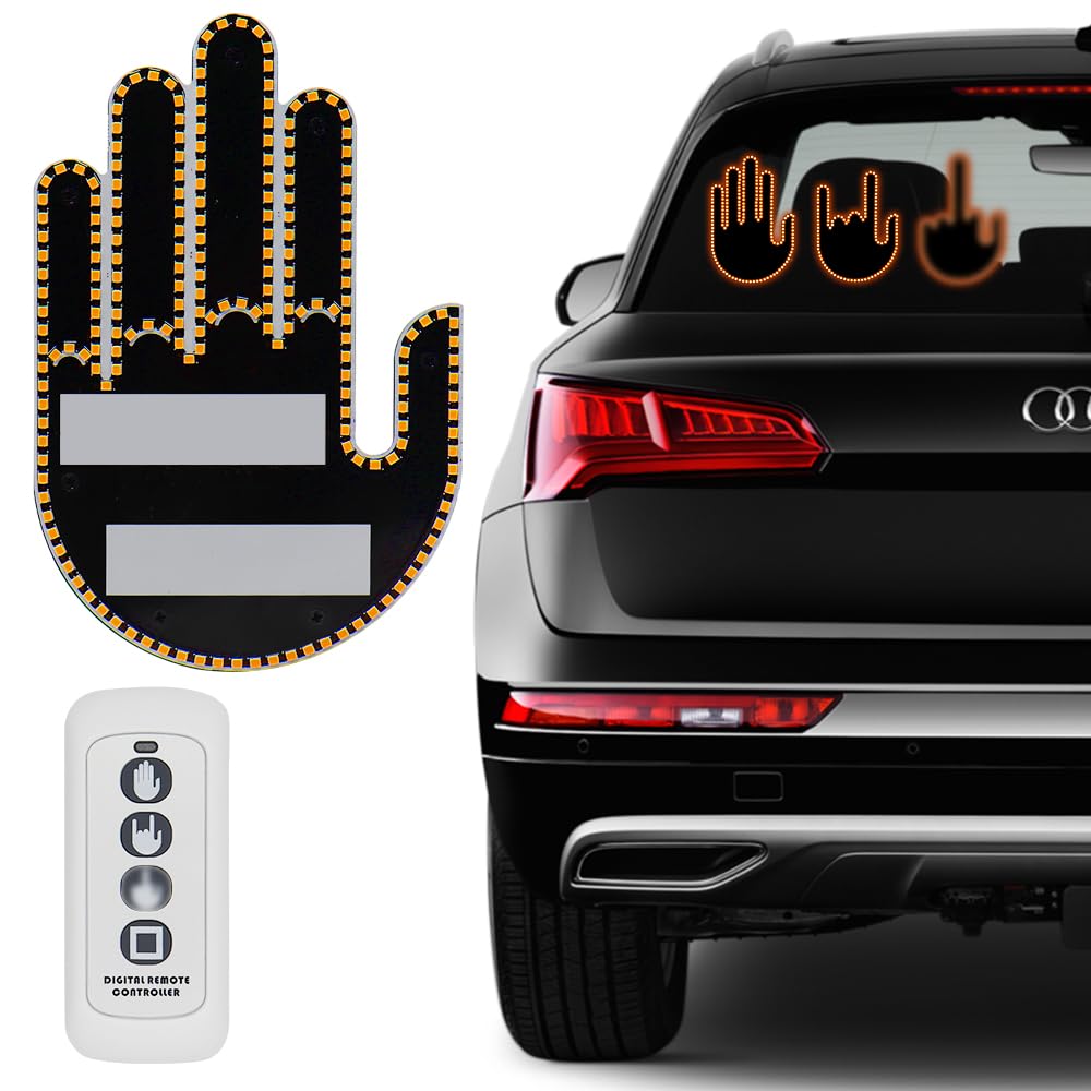 Car Finger Light with Remote Control, Funny LED Gesture Hand Lighting with 3 Modes, Window Sign Light Warning Reminder for Women and Men, Cool Car Gadgets Truck Accessories