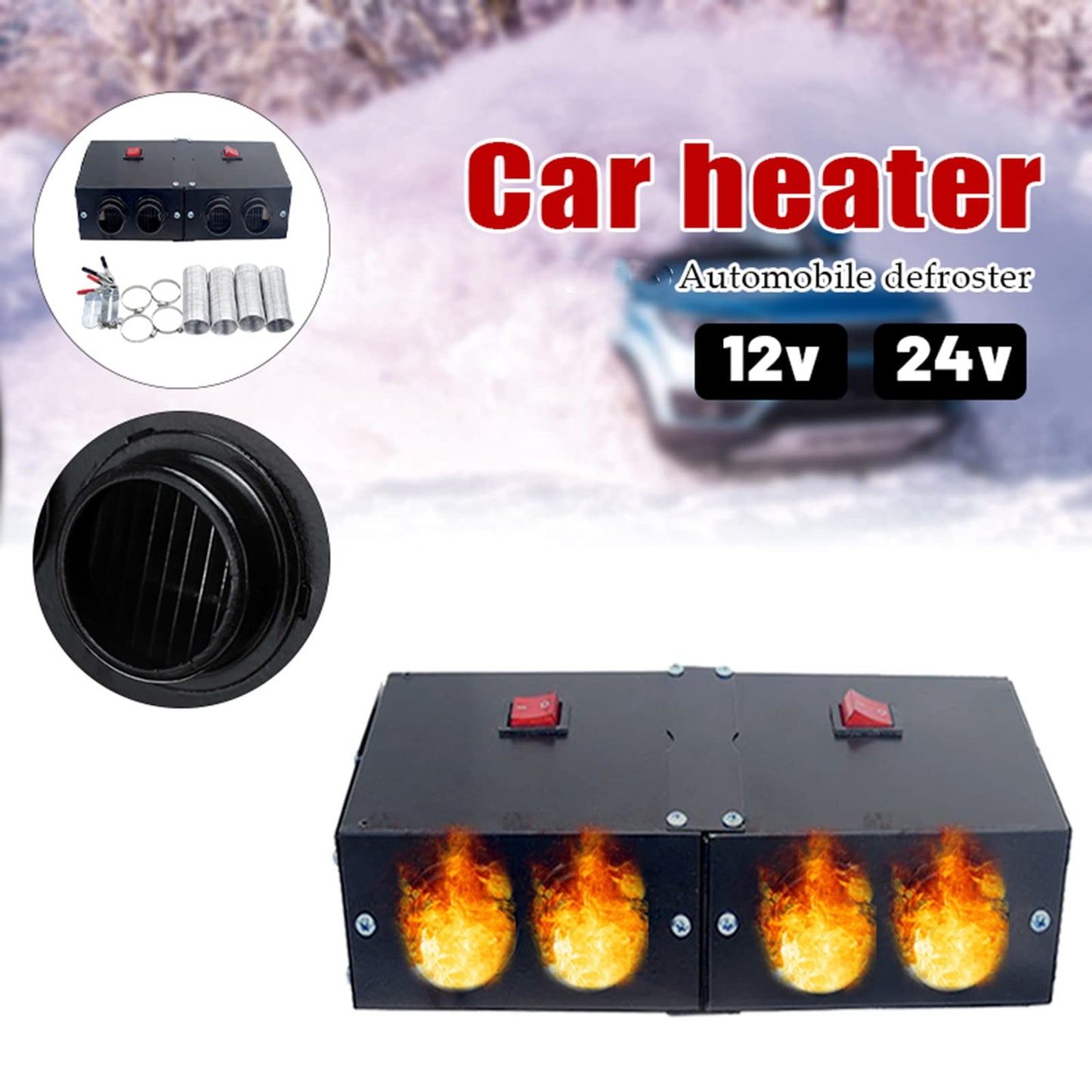 Car Defogger 24V 500W Car heater and Cooling Fan 2 in 1 Fast Heating Low Noise Demister Heaters for Cars Vans, Trucks, RVs (24V 500W, 4 Holes)