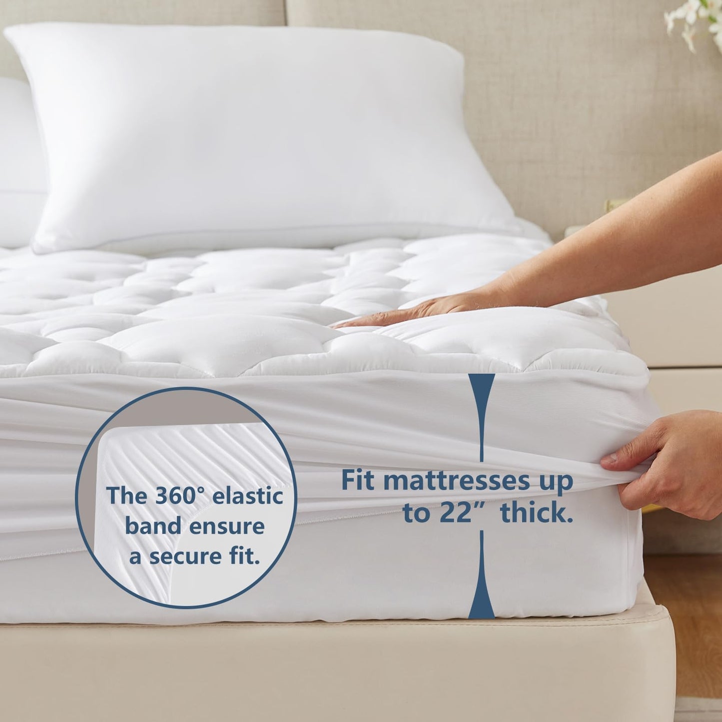 CozyLux Short Queen Mattress Pad for RV Camper Cotton Cooling Deep Pocket up to 21" Mattress Cover Non Slip Breathable and Soft Fitted Mattress Topper Thick Pillowtop Pad 450GSM (60x75) Inches White