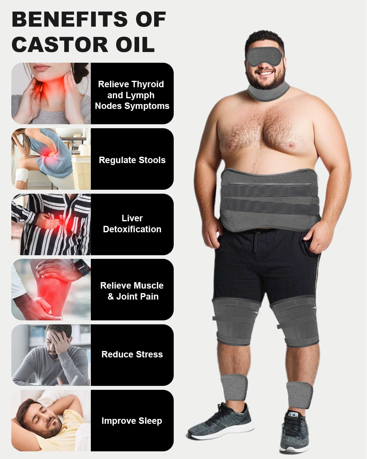 10 Pcs Castor Oil Pack Wrap for Men, Plus Size Castor Oil Packs for Men Women, XL Reusable Castor Oil Wraps Set for Eyes Neck Stomach Waist Knees Legs Feet, Flannel Cotton, Machine Washable(Dark Gray)