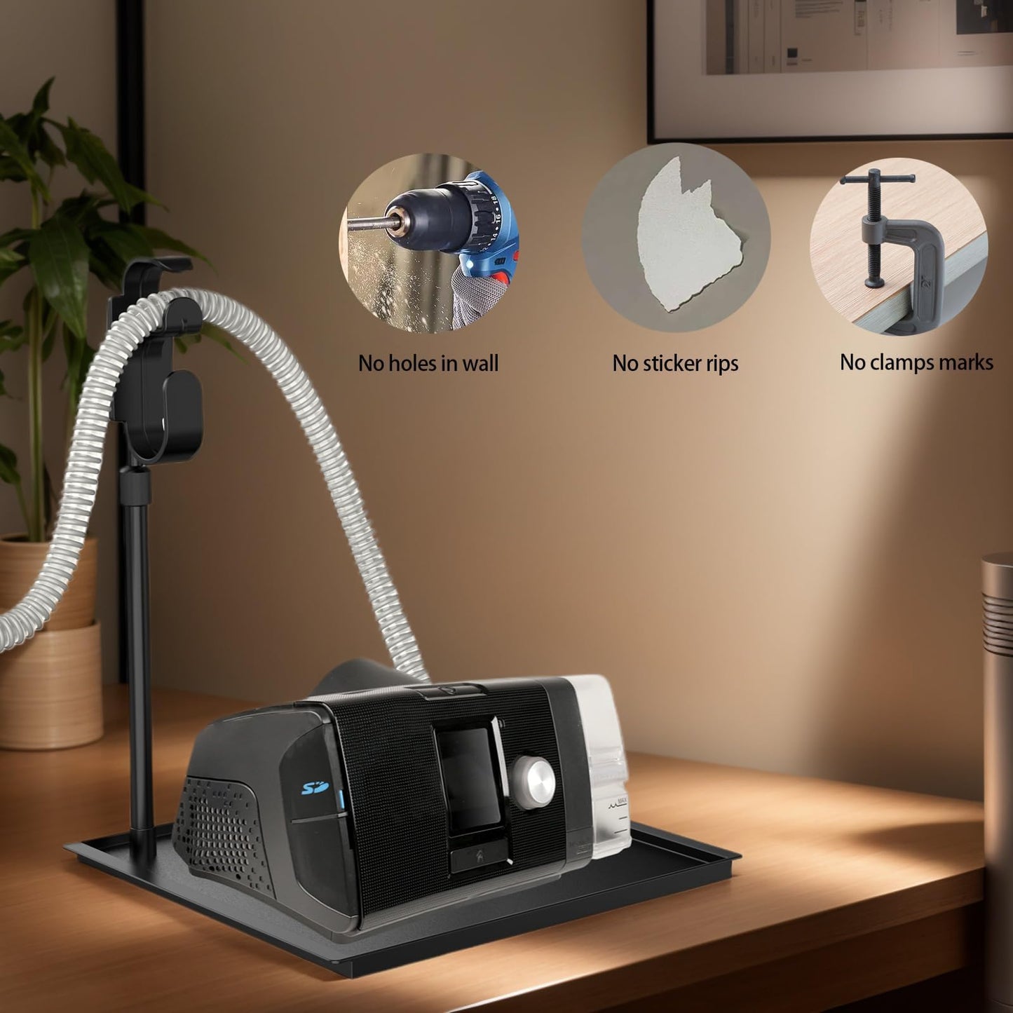 CPAP Protector Mat & CPAP Hose Holder - Bedside Organizer with Retractable CPAP Hook for CPAP Mask & Tubing, Keeps CPAP Supplies Neat and Tidy, Enhances Sleep Quality (Black)