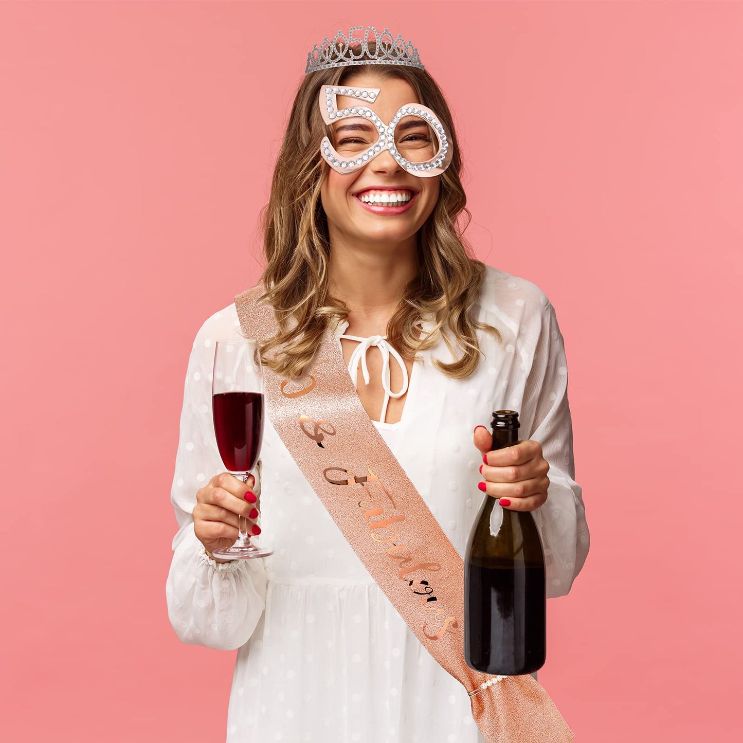 10 Pcs 50th Birthday Decorations for Women Rose Gold 50th Birthday Glitter Glasses Birthday Sash and Tiara 50th Birthday Accessory for Birthday Party