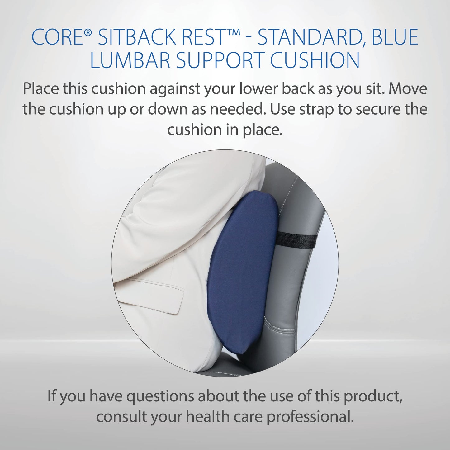 Core Products Sitback Rest Cushion Lumbar Support for Lower Back & Office Chair, Adjustable Strap Standard Foam - Blue