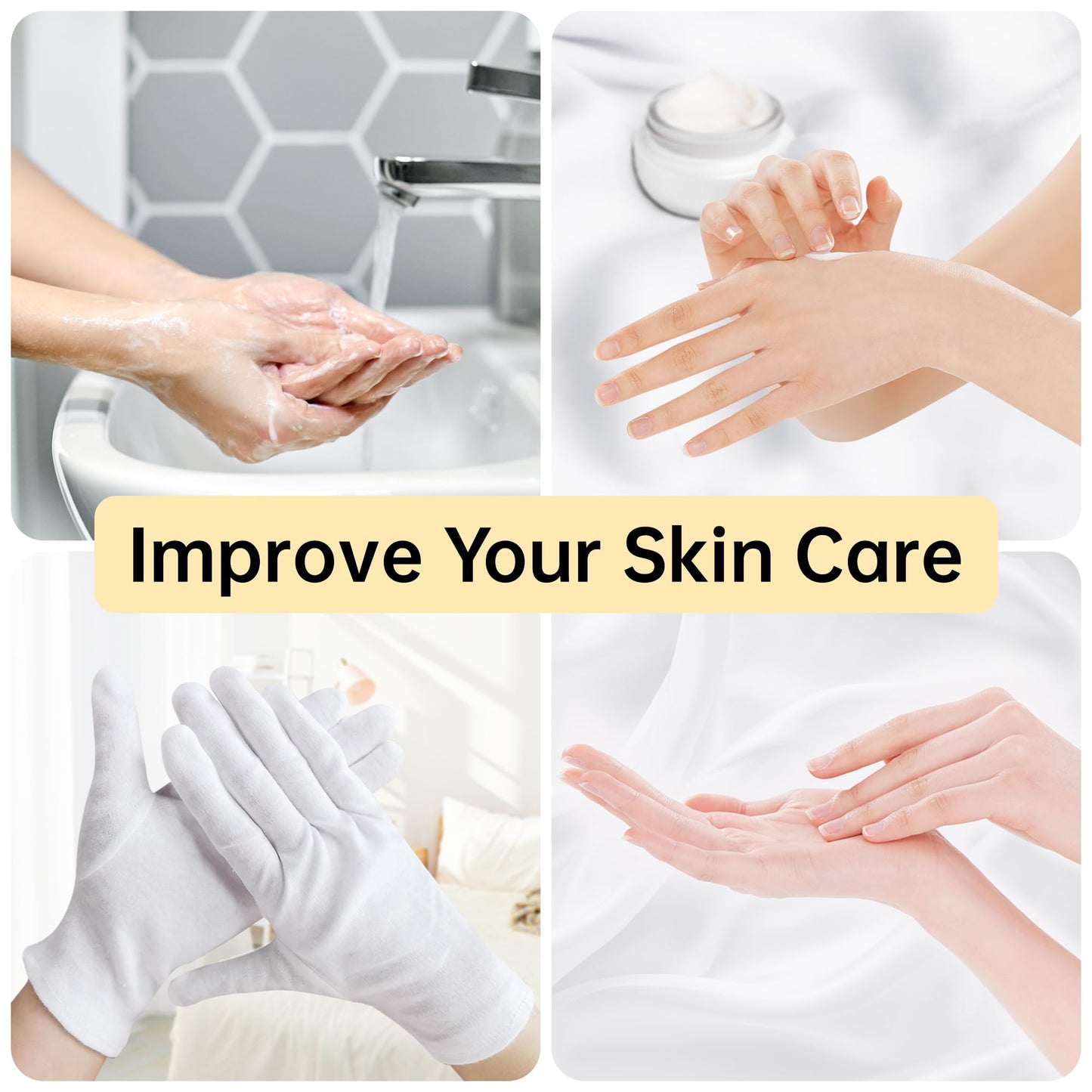 HandLove 12 Pairs Premium 100% Cotton Gloves, Dry Hands & Eczema, Overnight Lotion & Spa Treatment for Women & Men, Reusable | White Floral Dots
