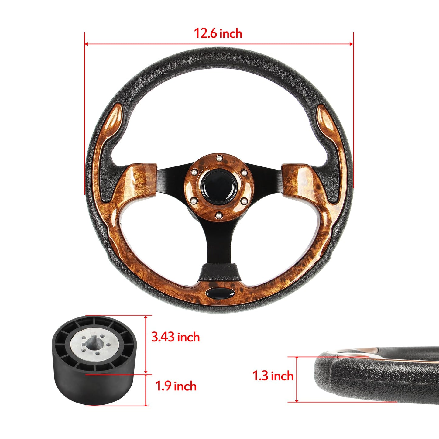 12.5" Wood Grain Marine Boat Steering Wheel Black Spokes with 3/4" Tapered Shaft, Anti-Slip and Rust-proof Steering Wheel for Most Marine boats,Vessels,Yachts,Pontoons Boat