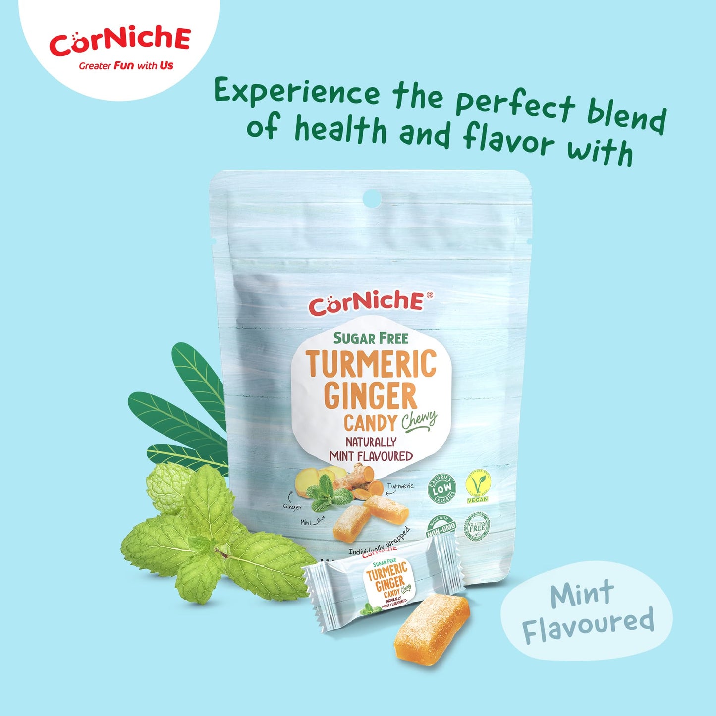 CORNICHE Turmeric Ginger Candy, Anti-Nausea and Digestion Aid, Individually Wrapped Healthy Candy 3.53 Oz Bag (Mint), Small