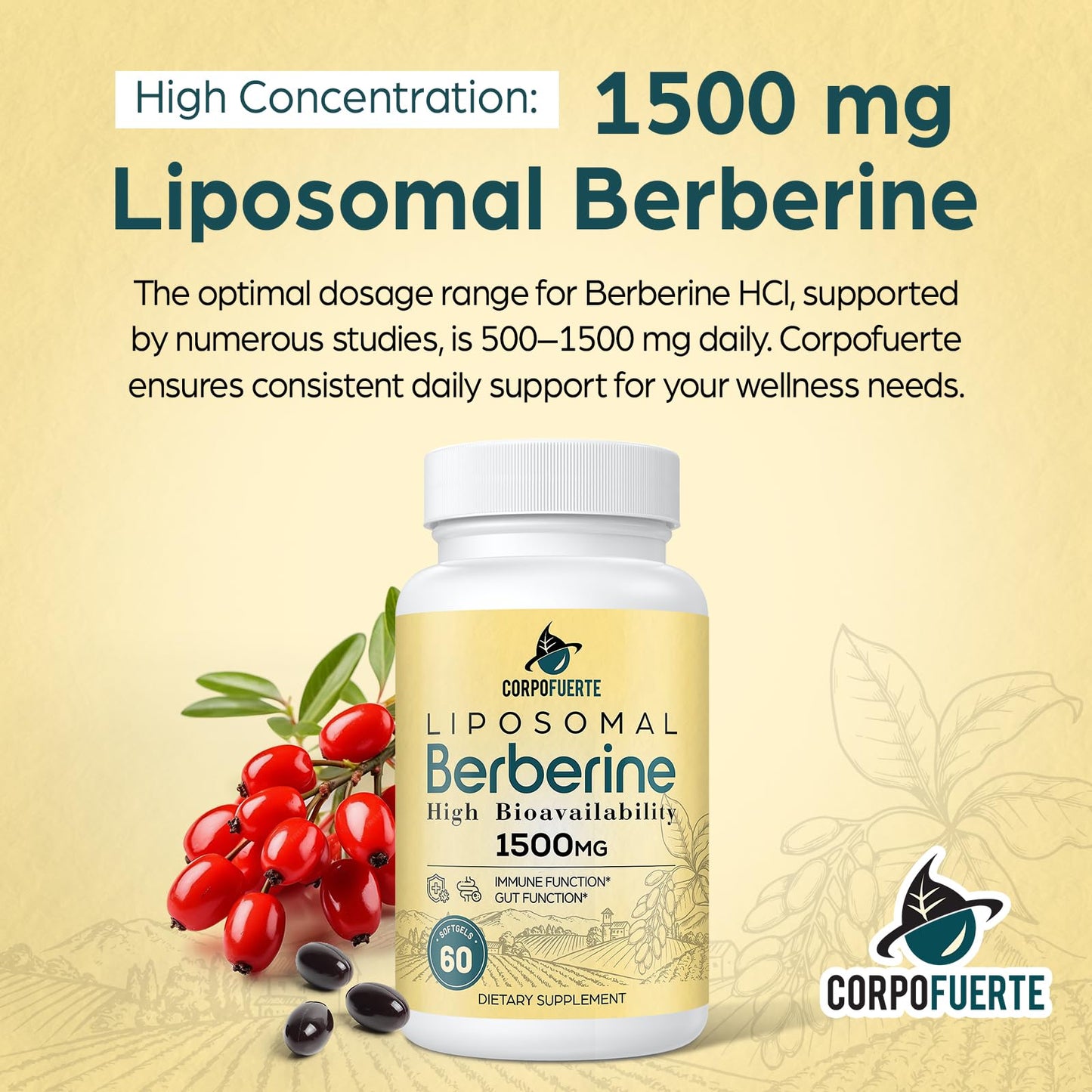 Corpofuerte Liposomal Berberine HCl 1500 mg - Berberine Supplement Activates AMPK & GLP-1 - Supports Reduces Body Burden in Women and Men (2 Pack)