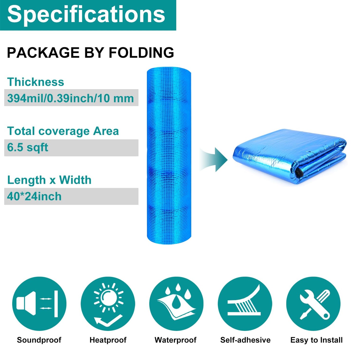 Car Heat Sound Deadening Insulation Mat, 394mil 6.5sqft Sound Deadener & Heat Insulation Pad for Auto Hood Engine Roof Door and Trunk - 40 Inch x 24 Inch