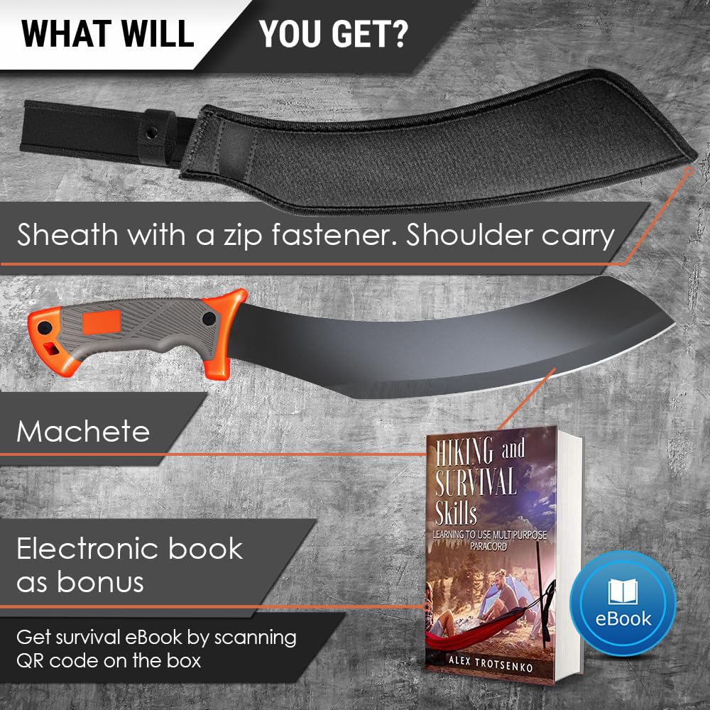 14 Inch Blade Parang Machete with Nylon Sheath - Sharp Blade - Machetes with Rubber Handle and Belt Sheath - Best Brush Clearing Tool - Gardening Bushcraft Hunting Camp Outdoor Parang DM0800
