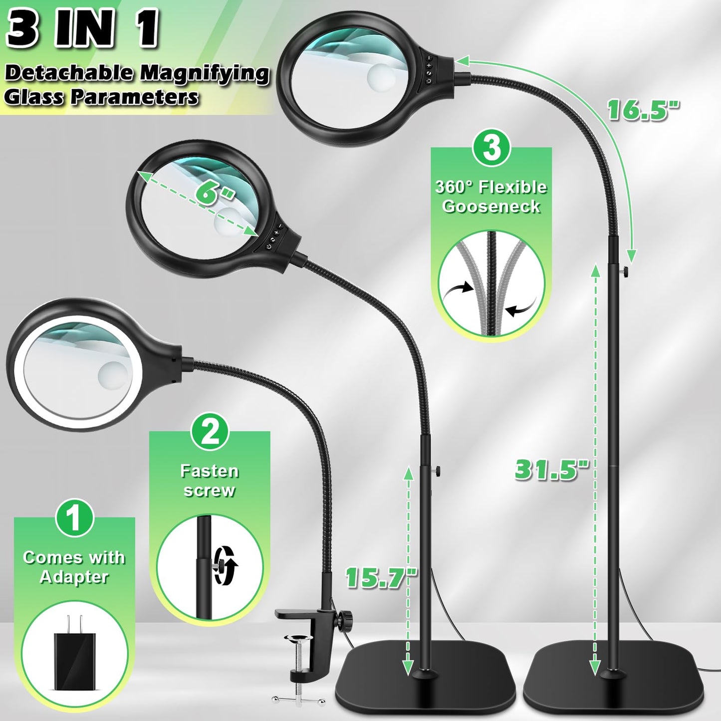 10X 30X Large Floor Magnifying Glass with Light and Stand,36 LED Flexible Gooseneck Floor Magnifying Lamp,Clip on Lighted Magnifiers for Reading,Sewing,Crafts,Painting,DIY,Close Work