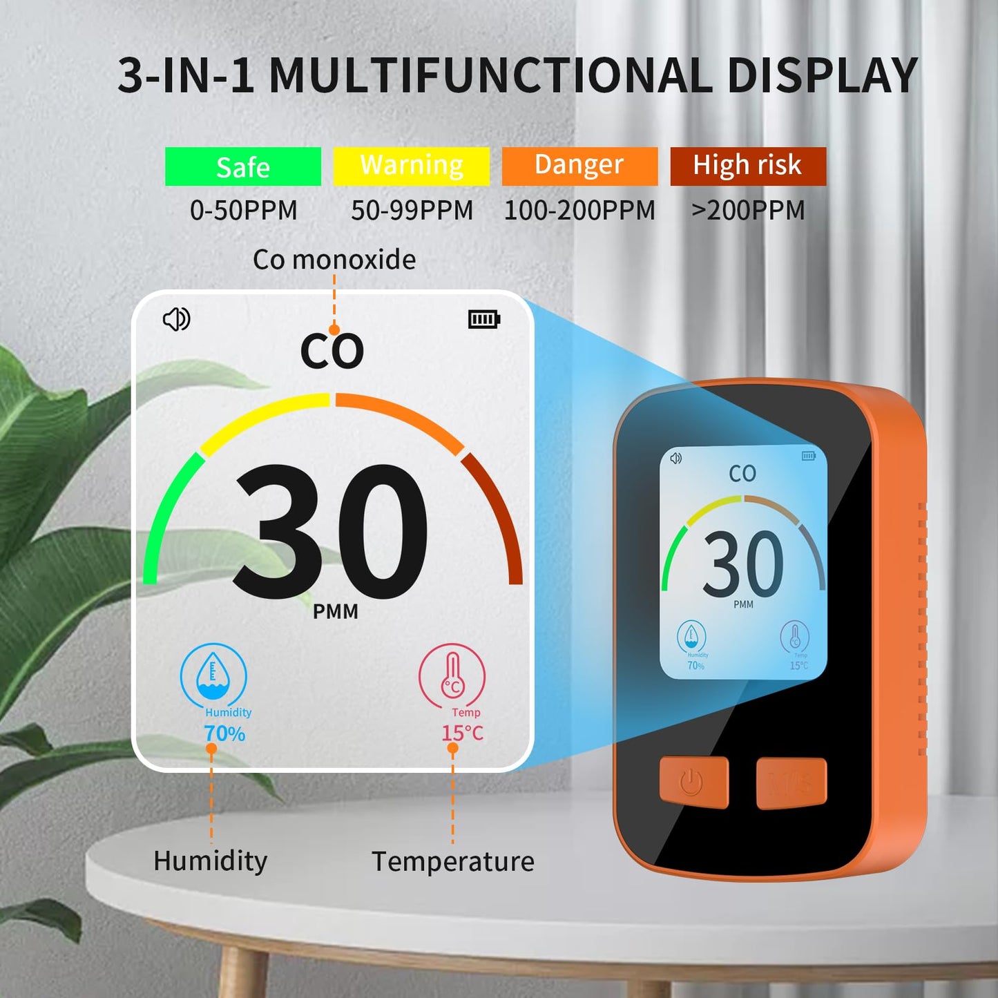 Travel Carbon Monoxide Detector, 3in1 Portable CO Detector for Car Camper Camping, Battery Powered Rechargeable Carbon Monoxide Detectors with Temperature Humidity Sensor for Hotel Rome Home RV Trip