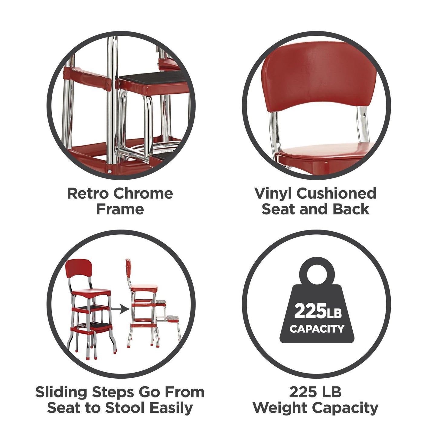 COSCO Stylaire Retro Chair + 2-Step Step Stool with Pull-Out Steps, 7 Ft. 11in Max Reach, 200 lb Weight Capacity, Steel and Vinyl (Red, one pack)