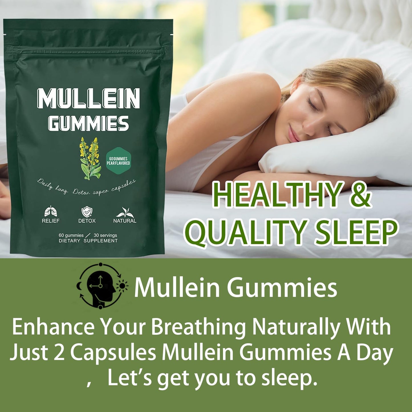 Mullein Gummies for Lungs, Healthcare Supplement Edible Fitness Dietary Gummy, Lung Health & Sinus Relief, 1000mg Mullein Leaf Extract, Pear Flavor Gummies 60capsules (1 Bag(60 Capsules))