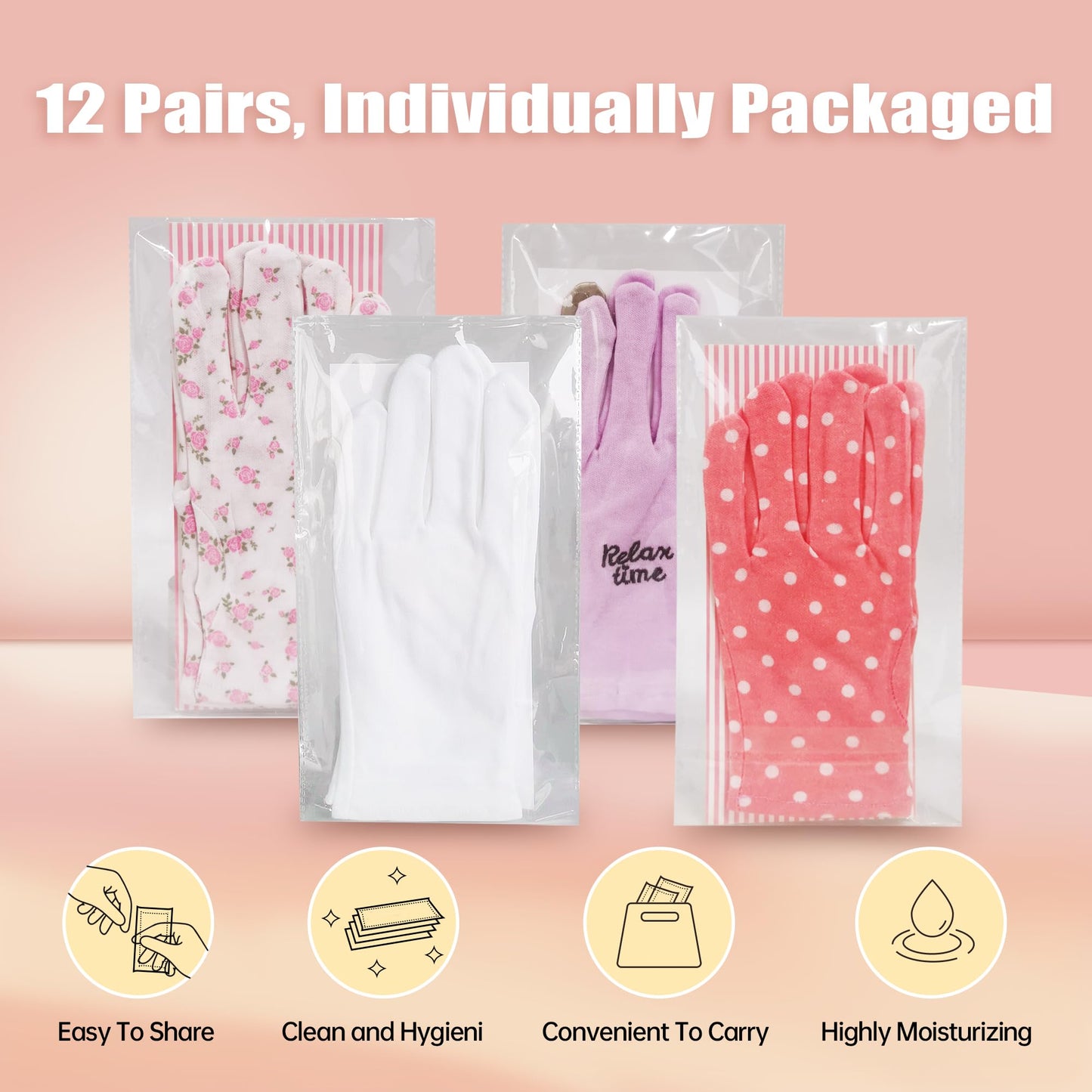 HandLove 12 Pairs Premium 100% Cotton Gloves, Dry Hands & Eczema, Overnight Lotion & Spa Treatment for Women & Men, Reusable | White Floral Dots
