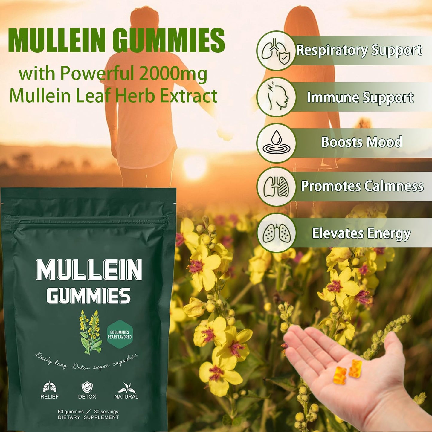 Mullein Gummies for Lungs, Healthcare Supplement Edible Fitness Dietary Gummy, Lung Health & Sinus Relief, 1000mg Mullein Leaf Extract, Pear Flavor Gummies 60capsules (1 Bag(60 Capsules))
