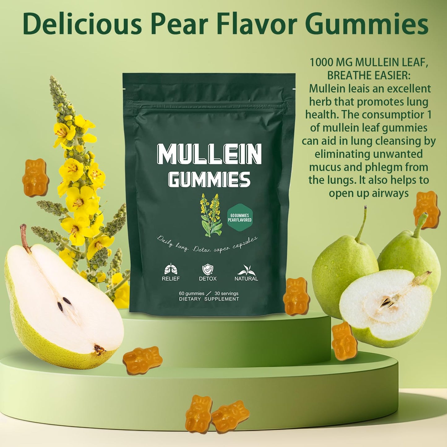 Mullein Gummies for Lungs, Healthcare Supplement Edible Fitness Dietary Gummy, Lung Health & Sinus Relief, 1000mg Mullein Leaf Extract, Pear Flavor Gummies 60capsules (1 Bag(60 Capsules))