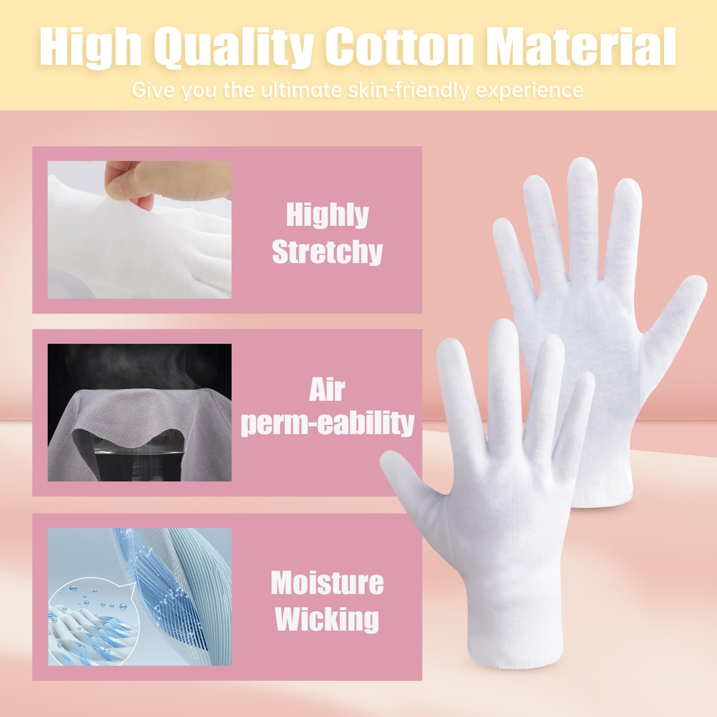 HandLove 12 Pairs Premium 100% Cotton Gloves, Dry Hands & Eczema, Overnight Lotion & Spa Treatment for Women & Men, Reusable | White Floral Dots