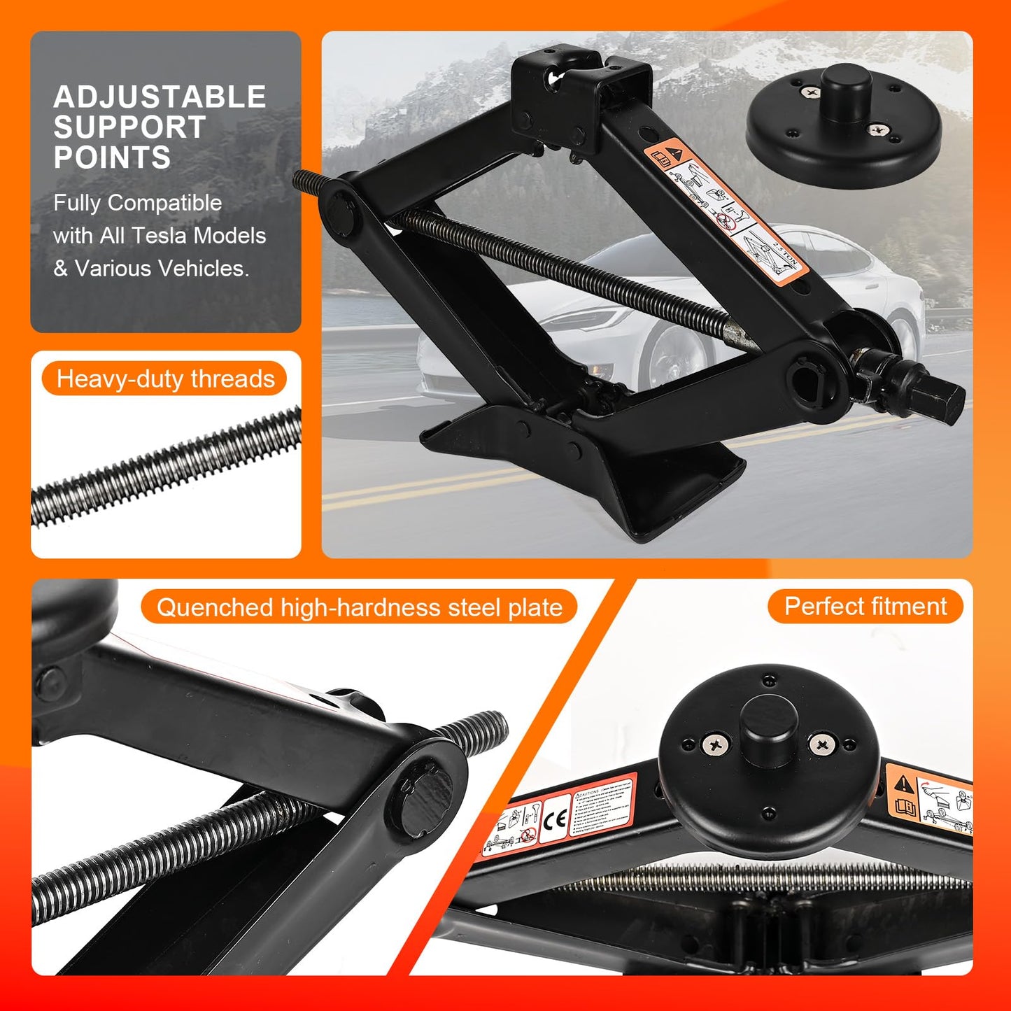Car Jack Kit for Tesla Model 3/S/X/Y – 2.5 Ton Scissor Jack with Tesla Jack Pads & Tesla Tire Repair Kit for Spare Tire Changing and Repair Tools