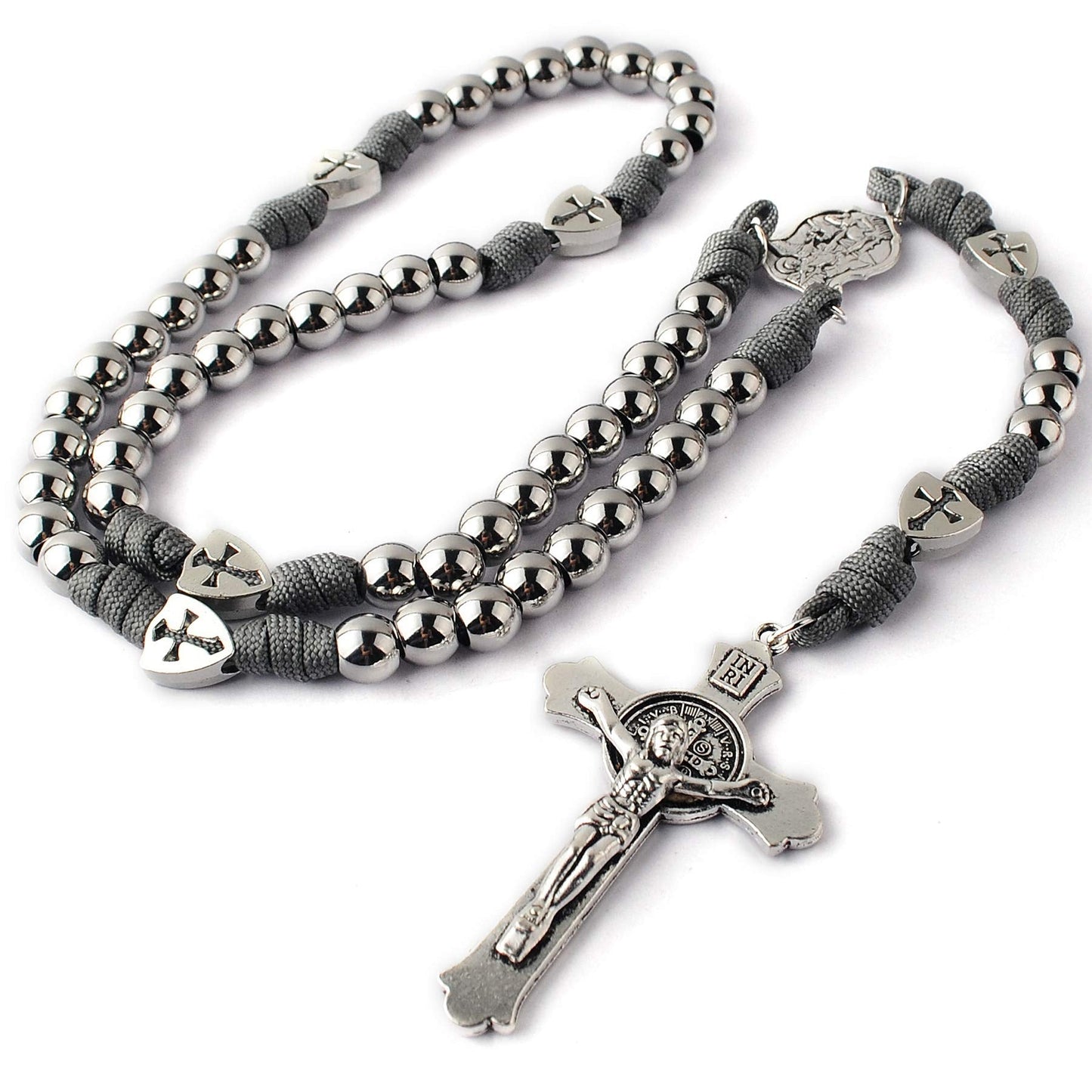 HanlinCC Large and Heavy Stainless Steel Beads Rugged Durable Paracord Rosary Necklace for Men with St.Michael Center Piece and St.Benedict Crucifix (Grey Paracord Rosary)