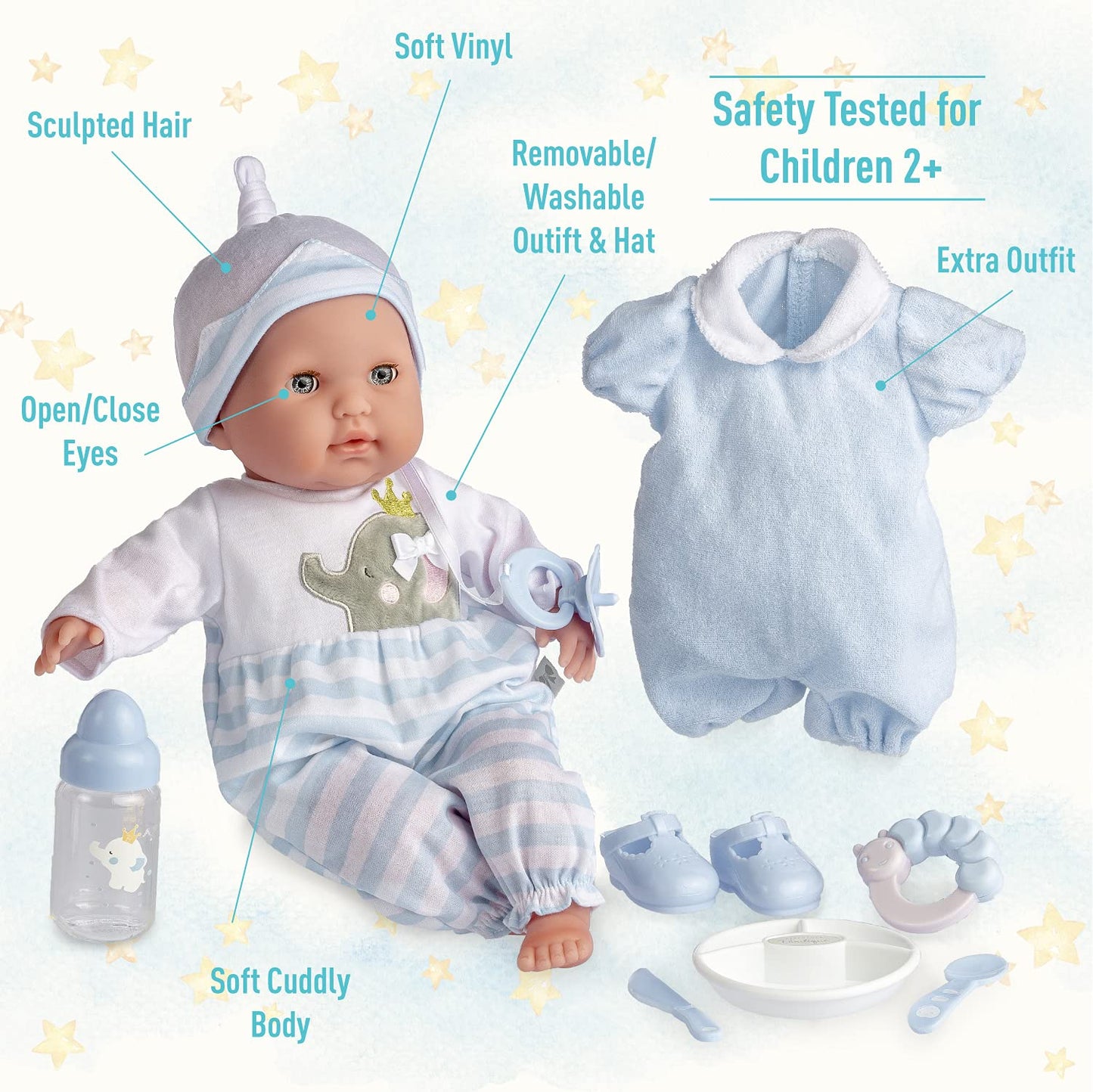 15" Realistic Soft Body Baby Doll with Open/Close Eyes | JC Toys - Berenguer Boutique | 10 Piece Gift Set with Bottle, Rattle, Pacifier & Accessories | Blue | Ages 2+