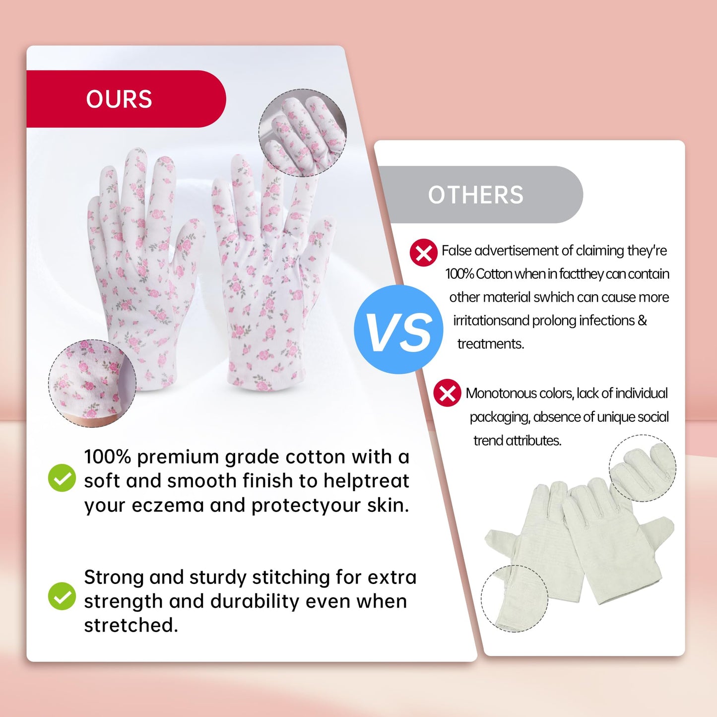 HandLove 12 Pairs Premium 100% Cotton Gloves, Dry Hands & Eczema, Overnight Lotion & Spa Treatment for Women & Men, Reusable | White Floral Dots