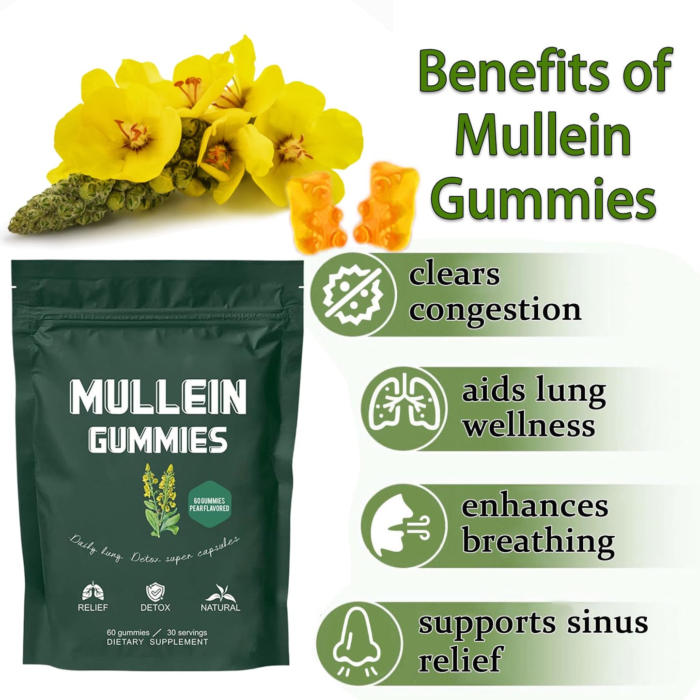 Mullein Gummies for Lungs, Healthcare Supplement Edible Fitness Dietary Gummy, Lung Health & Sinus Relief, 1000mg Mullein Leaf Extract, Pear Flavor Gummies 60capsules (1 Bag(60 Capsules))