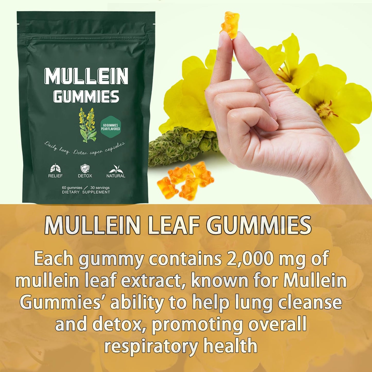 Mullein Gummies for Lungs, Healthcare Supplement Edible Fitness Dietary Gummy, Lung Health & Sinus Relief, 1000mg Mullein Leaf Extract, Pear Flavor Gummies 60capsules (1 Bag(60 Capsules))
