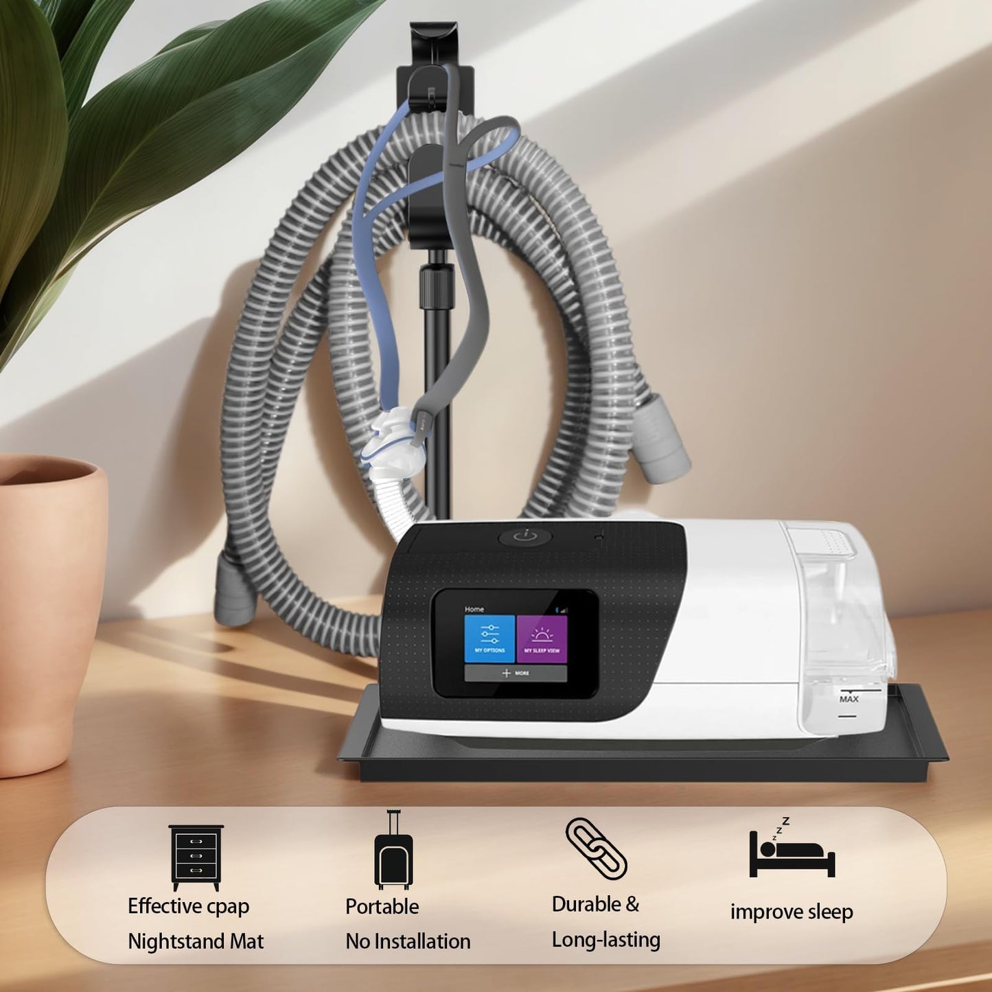 CPAP Protector Mat & CPAP Hose Holder - Bedside Organizer with Retractable CPAP Hook for CPAP Mask & Tubing, Keeps CPAP Supplies Neat and Tidy, Enhances Sleep Quality (Black)