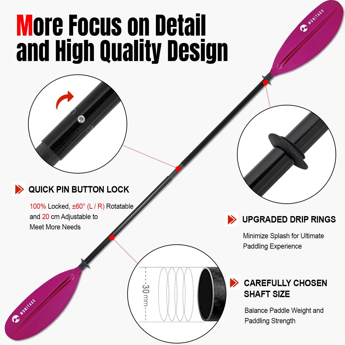 WONITAGO Kayak Paddles with Fiberglass Shaft and Reinforced PP Blade, Floating Adjustable Kayaking Oars, 3 Piece, 240-260 cm/94-102 Inches, Pink
