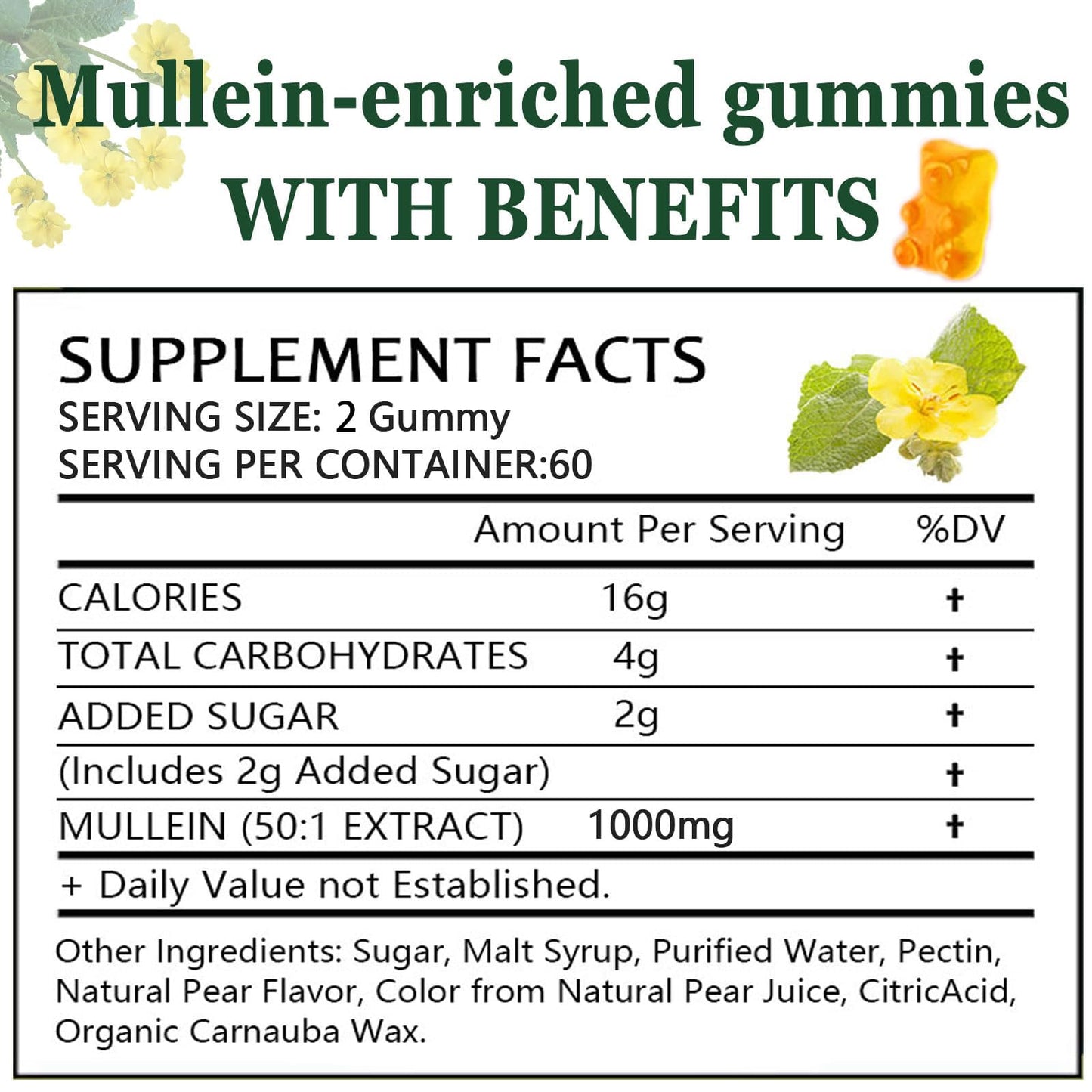 Mullein Gummies for Lungs, Healthcare Supplement Edible Fitness Dietary Gummy, Lung Health & Sinus Relief, 1000mg Mullein Leaf Extract, Pear Flavor Gummies 60capsules (1 Bag(60 Capsules))