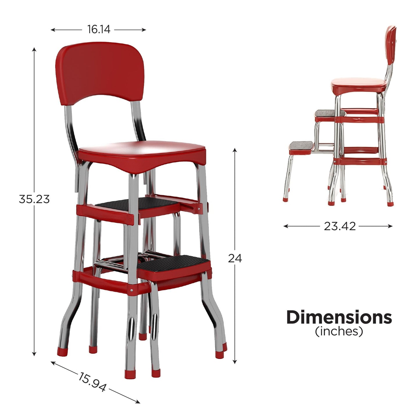COSCO Stylaire Retro Chair + 2-Step Step Stool with Pull-Out Steps, 7 Ft. 11in Max Reach, 200 lb Weight Capacity, Steel and Vinyl (Red, one pack)