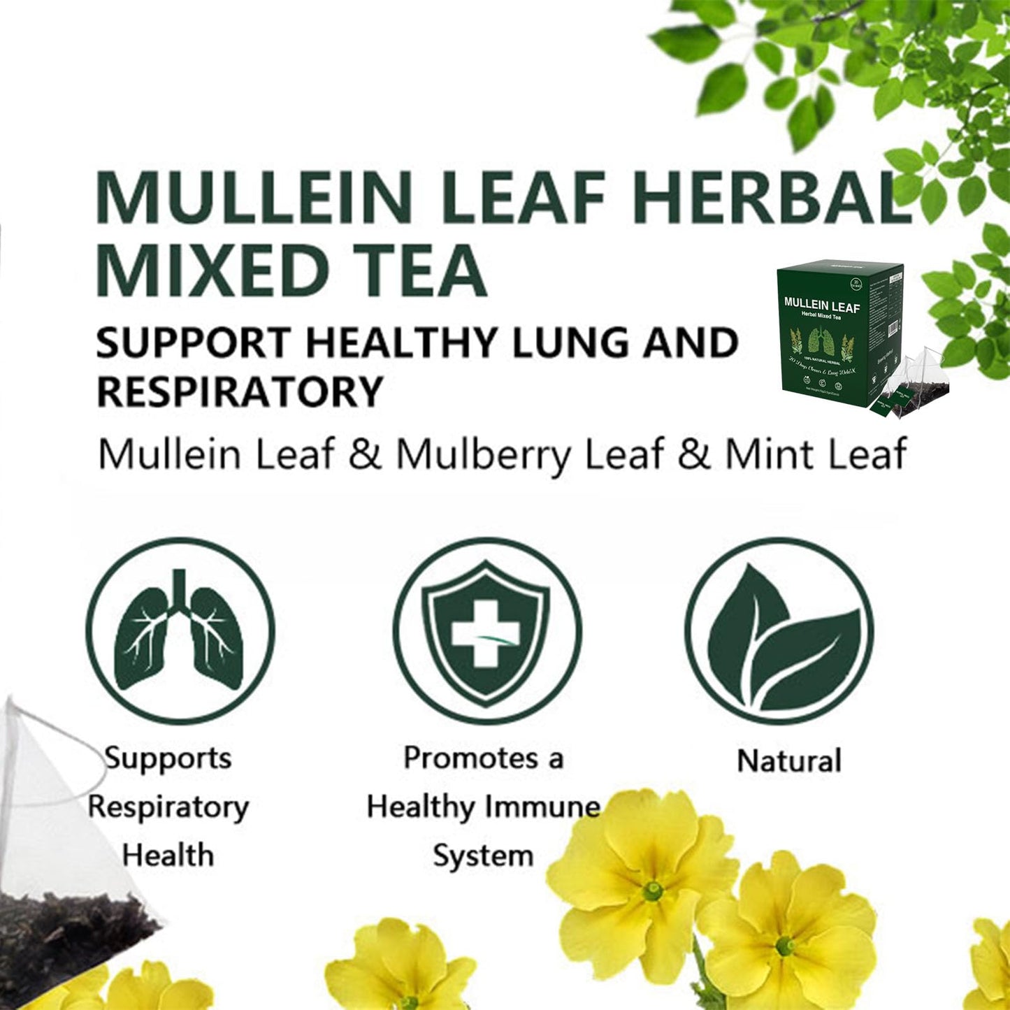 Mullein Leaf Tea,Organic Kidney Cleanse Herbal Mullein Leaf Tea For Lungs Cleanse And Respiratory Support,Mullein Leaf Tea Bags For Men Women,Caffeine Free, 20 Tea Bags (1Box(20pcs))