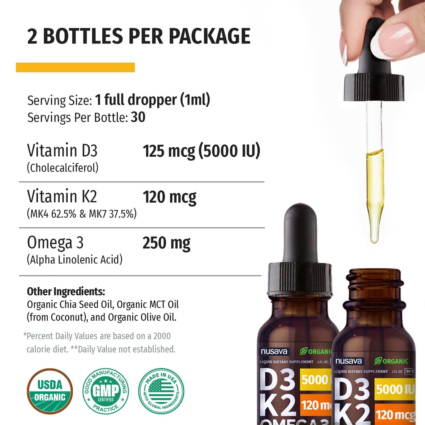 (2 Pack) Organic Vitamin D3 K2 Drops with MCT Oil, Omega 3, 5000 IU - Vitamin D Liquid, No Fillers, Non-GMO D3 for Body’s Defenses and Faster Absorption, Unflavored, 2 Fl Oz