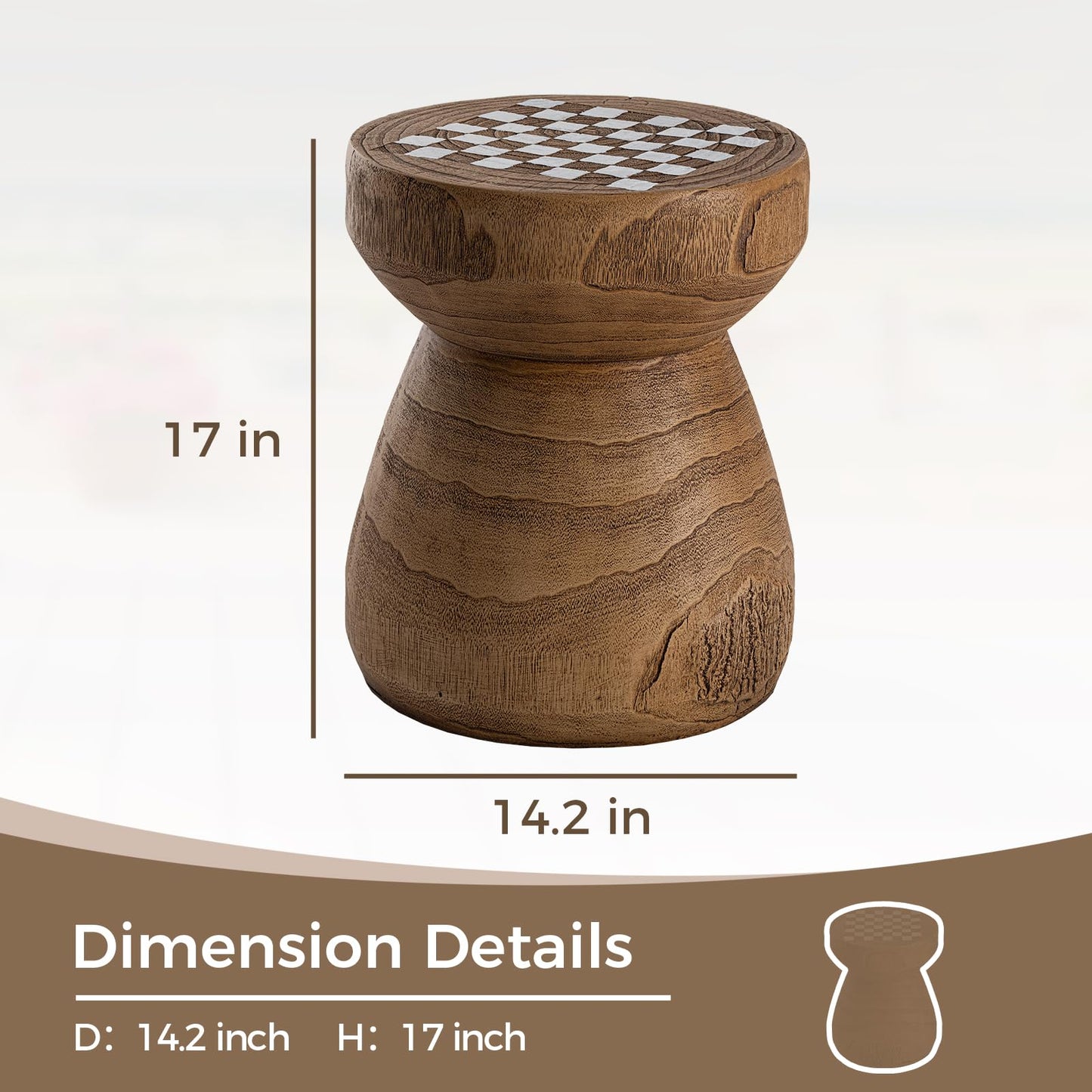 COSIEST Outdoor Side Table w Chessboard, 14''Concrete Faux Wooden Garden Stool, Lightweight Decor Outdoor Round End Table, Plant Stand for Garden and Deck, Brown